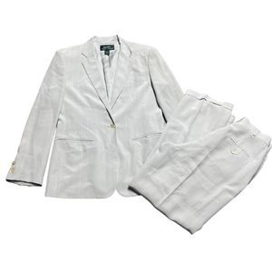 LAUREN RALPH LAUREN 100% SILK pale blue striped blazer pants suit size 6